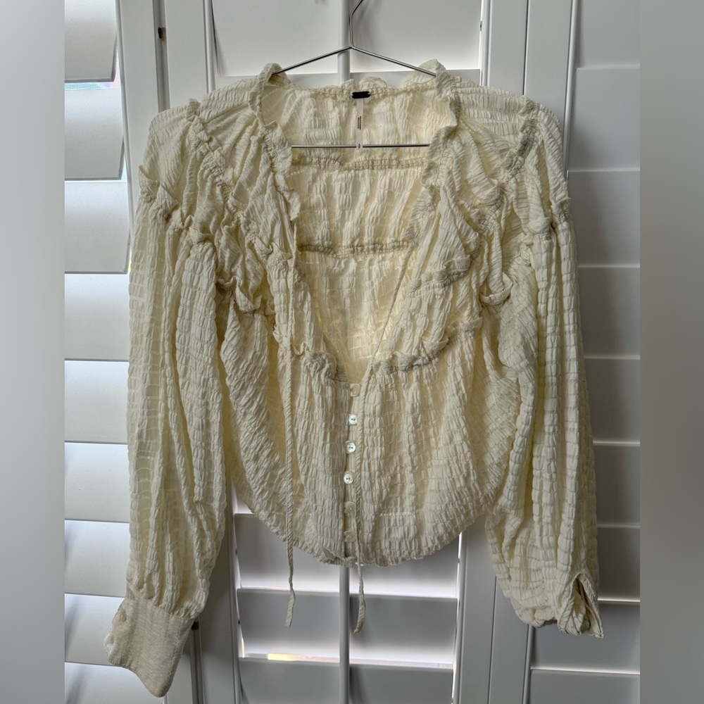 Free People Ivory Ruffled Button-Front Blouse